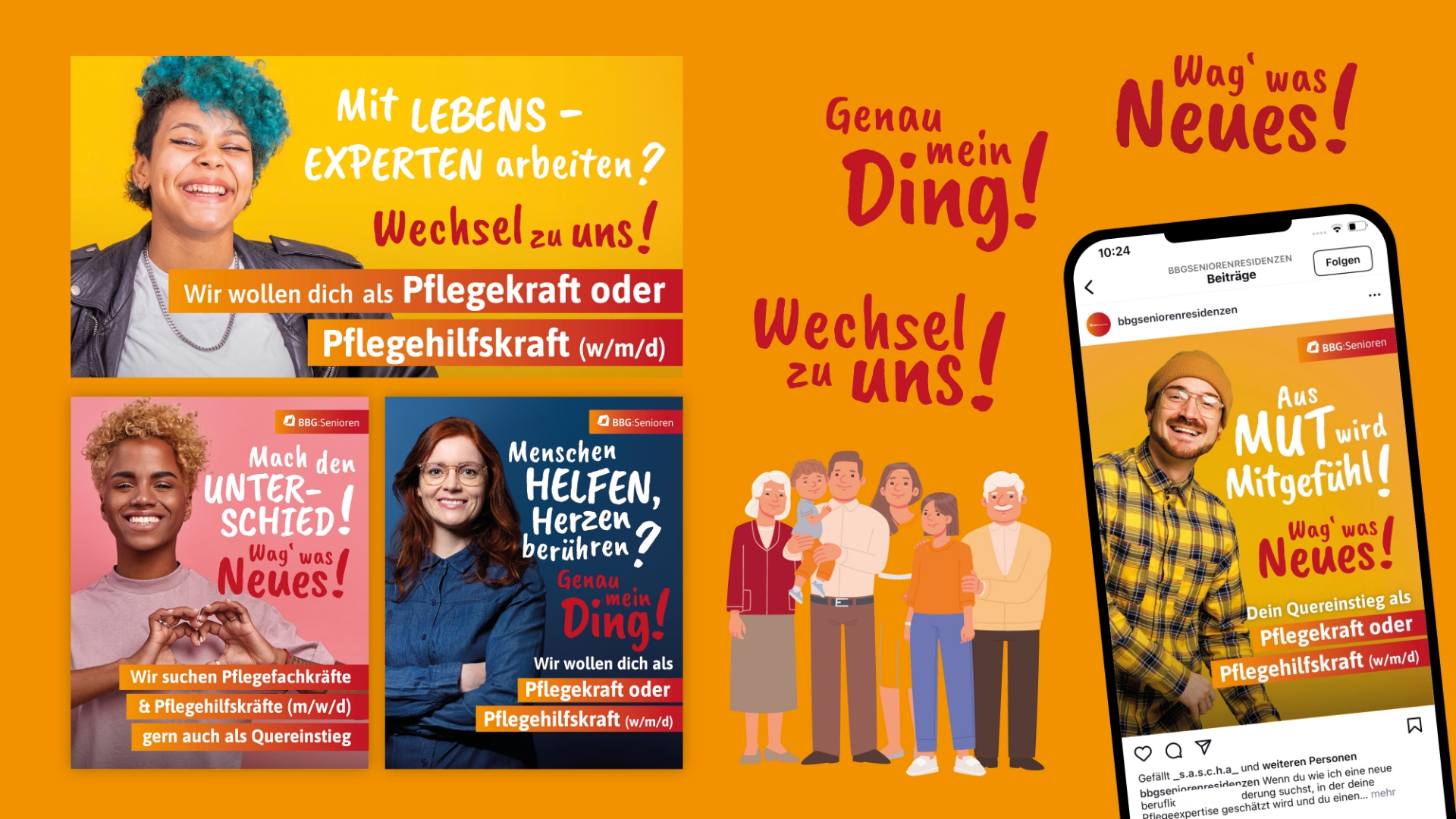 Eine Reihe von Werbebildern mit fröhlichen, unterschiedlichen Menschen und Text, der sie dazu ermutigt, in die Pflegerolle zu wechseln. Enthält außerdem eine illustrierte Gruppe von Menschen und ein Telefon mit verwandten Inhalten.