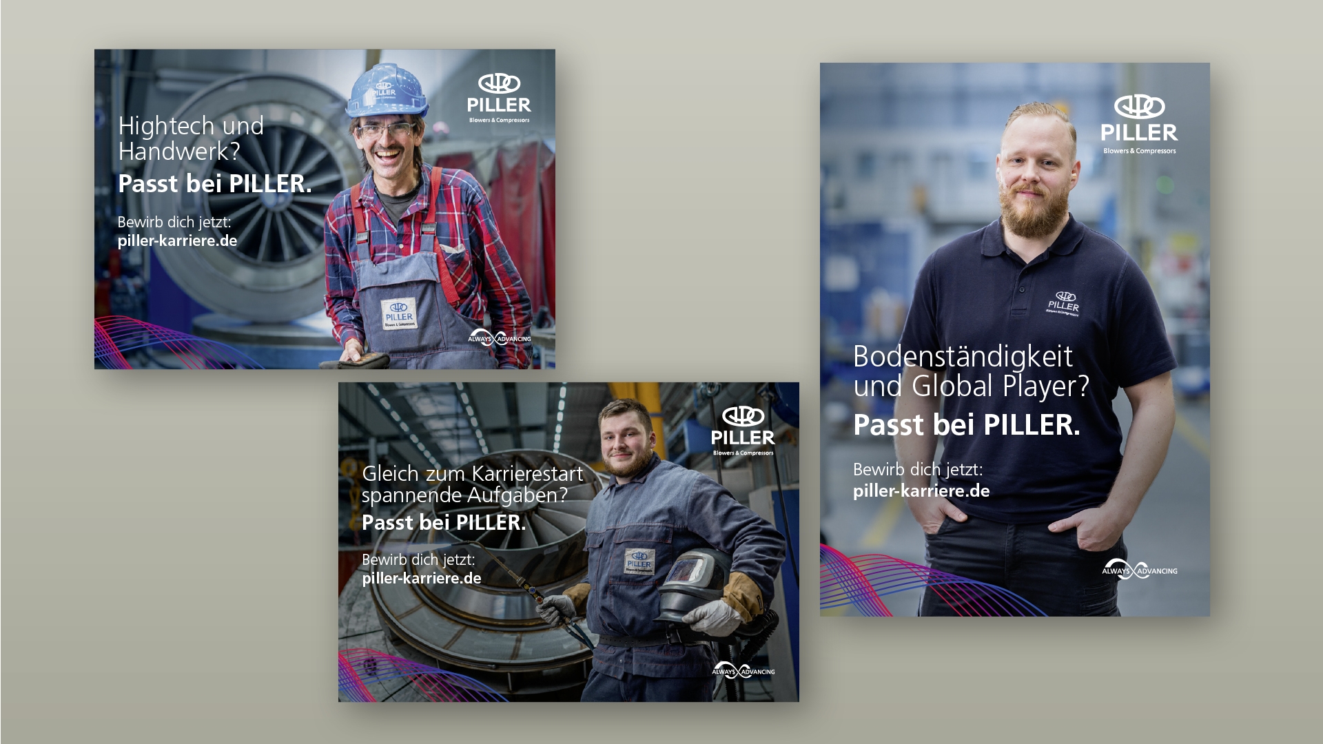 Drei Stellenausschreibungsplakate für „PILLER“ mit Mitarbeitern aus der Industrie, die mit Slogans wie „Passt bei PILLER“ auf Stellenangebote aufmerksam machen und einen Website-Link für Bewerbungen bereitstellen.