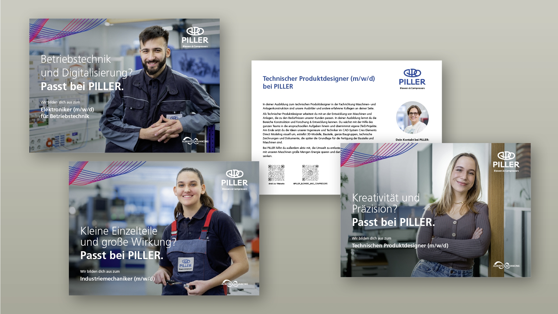 Eine Collage aus Stellenanzeigen für PILLER, in der Mitarbeiter in verschiedenen Funktionen wie Betrieb, Industriemechanik und Produktdesign mit Slogans vorgestellt werden, die für Stellenangebote und Unternehmenswerte werben.
