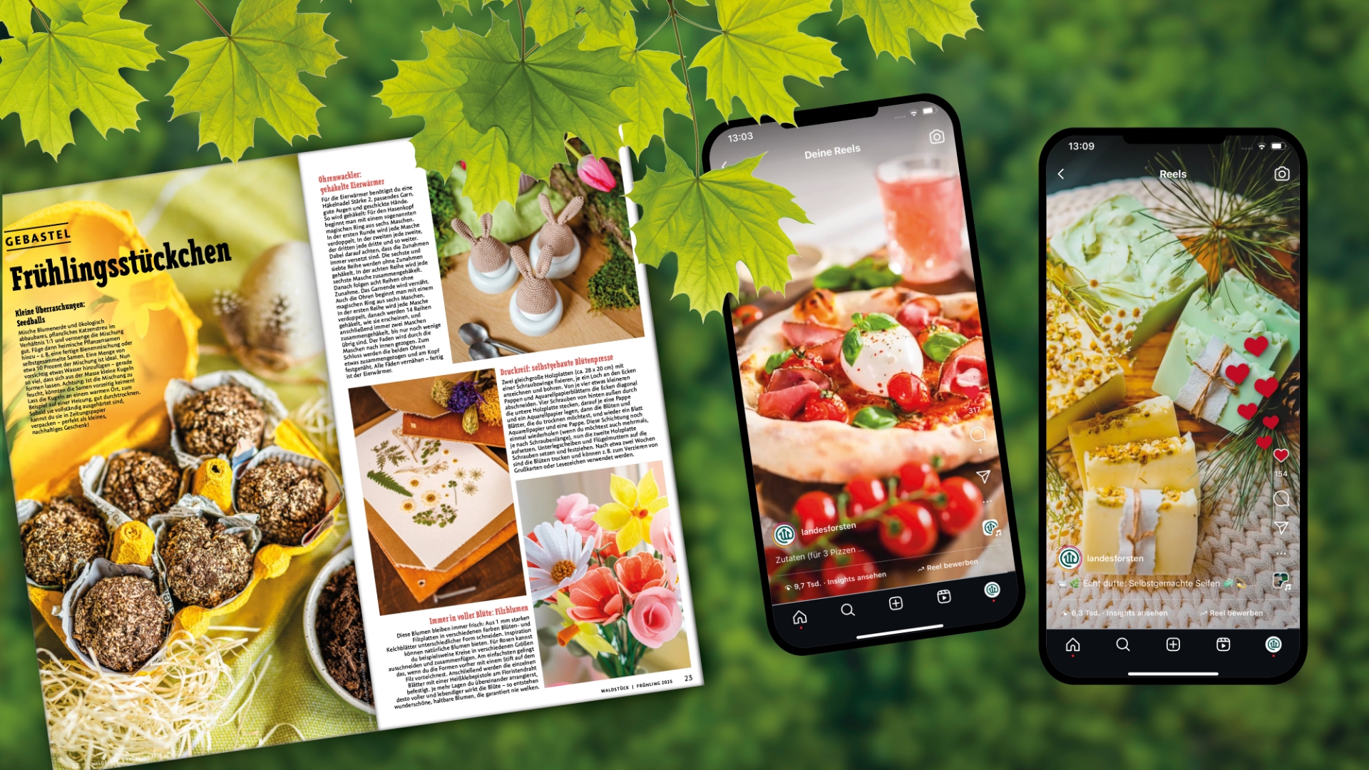Zeitschriftenseiten mit Lebensmitteln und Kunsthandwerk sowie zwei Smartphone-Bildschirme, auf denen vor einem grünen Blatthintergrund eine Pizza und Desserts zu sehen sind.