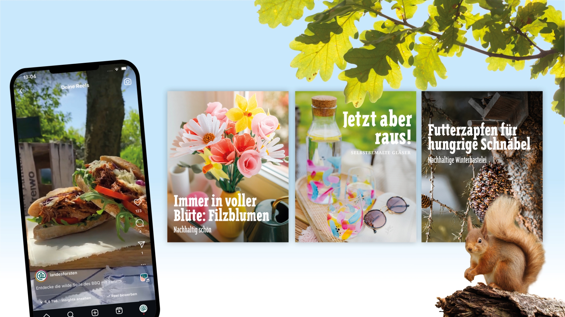 Smartphone mit geöffneter App und Lebensmittelbild, daneben drei Werbeplakate mit Blumen, Outdoor-Artikeln und Vogelfutter, neben einem Eichhörnchen und Eichenblättern auf hellblauem Hintergrund.